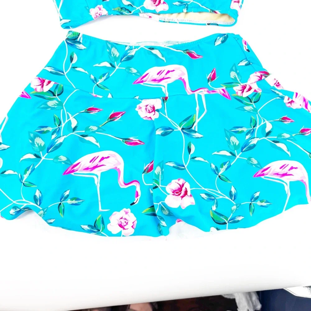 Red Dolly Swimwear‎ Blue Pink Flamingo Floral Retro Skirted Two Piece Swimsuit M